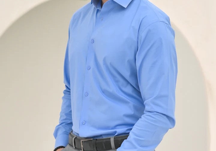 plain dress shirts FAWUUDO Mens Slim Fit Non-Wrinkle Shirt Business Casual Classic Commuting Dress Shirts Long Sleeve Work Plain Clothes Blue